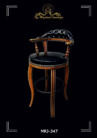 ByMarjinal Sandalye MRJ 347 Klasik Ahsap Ayakli Yuvarlak Siyah Parlak Deri Oturma Yeri ve Sirt Destegi Bar Sandalyeleri Modelleri
